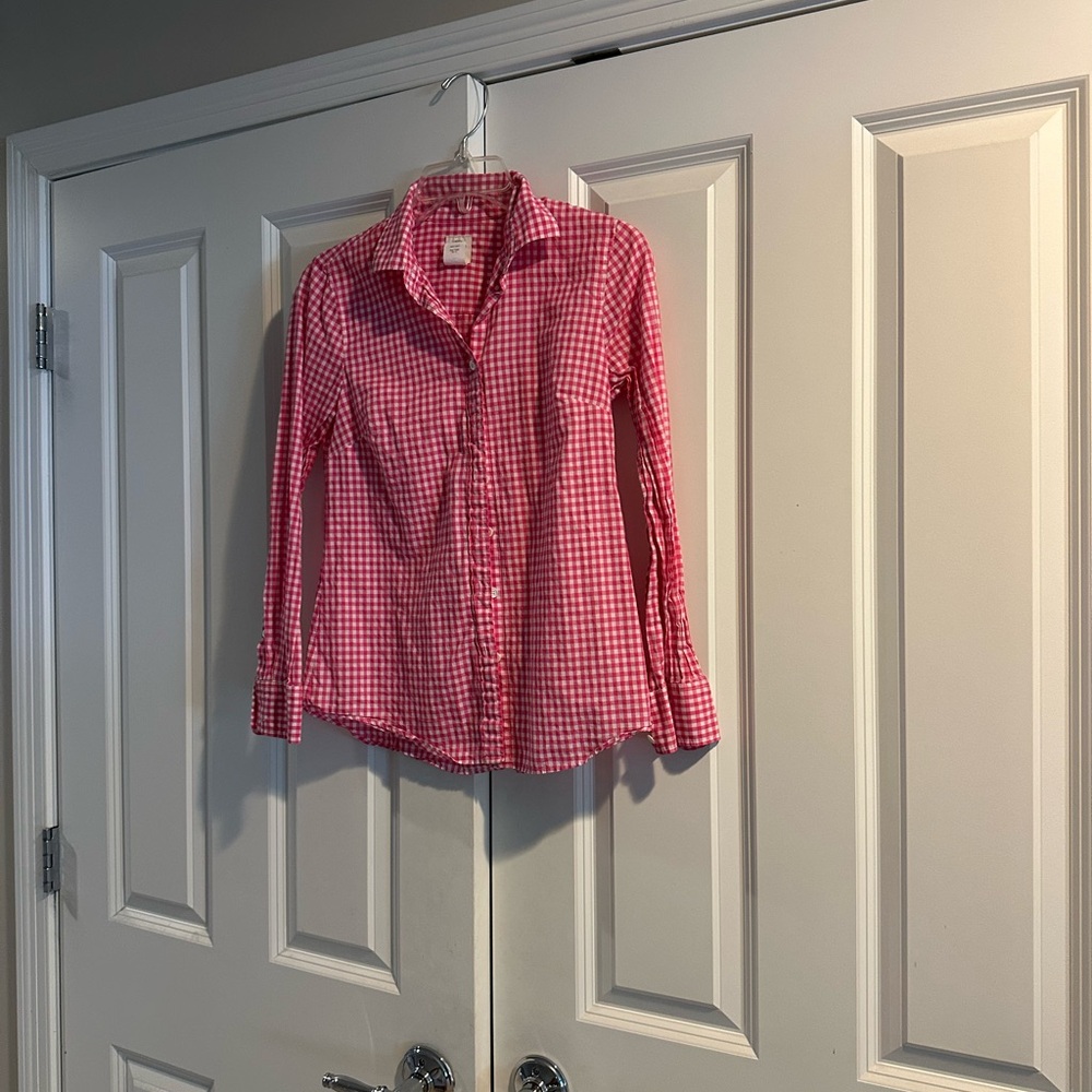 J. Crew Pink Checkered Cotton Blouse